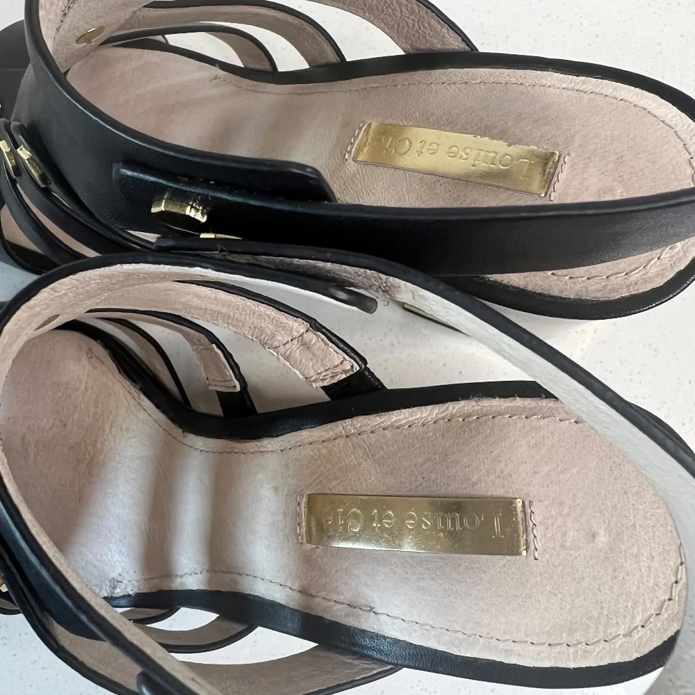 Louise et Cie Lo-Vira black leather sandals, tortoise color block heel - Picture 15 of 15